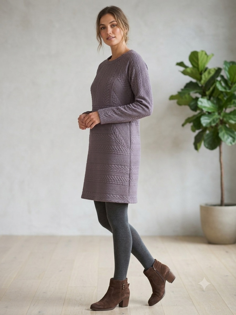 Prana organic cotton Maccee Dress Muted Truffle Gray Textured Jacquard Knit (M)